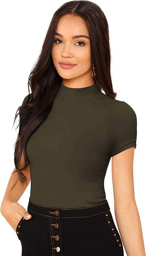 Women Olive Round Neck Half Sleeves T-Shirt